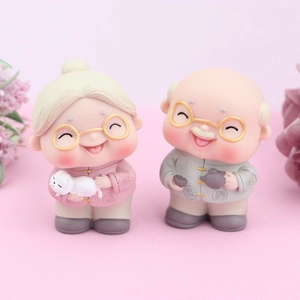 Cute Elderly Couple Figurines Resin Grandma Grandpa Cake Topper Chinese Style For Wedding Anniversary Birthday Gift