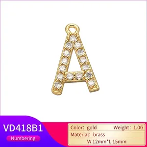 Gold plated brass letter A pendant with micro-pave white cubic zirconia 15x12mm