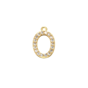 Macro shot of gold oval pendant with micro-pave clear cubic zirconia stones and top loop