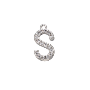 Large silver S letter pendant with micro-paved zircons and top loop for jewelry making