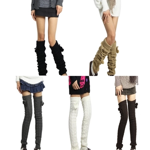 Cable Knit Leg Warmers Acrylic Thick Over The Knee Pom Poms Thermal Japanese Style For Women
