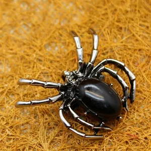 Gothic spider brooch pendant with vintage silver alloy and large black gemstone oval