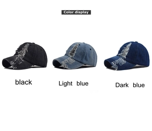 Detailed color display of three distressed washed cotton baseball caps in black and blue