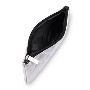 Close-up of small silver PU leather cosmetic bag with quilted texture and zipper