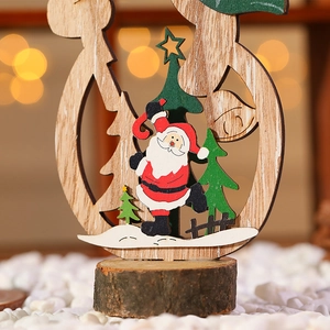 Detailed close-up of a wooden Christmas decor featuring Santa Claus and a rustic log base