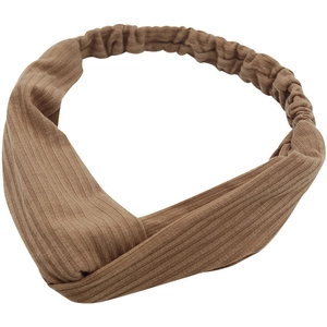 Coffee brown ribbed knit cross-knot headband for women with elastic back on white background