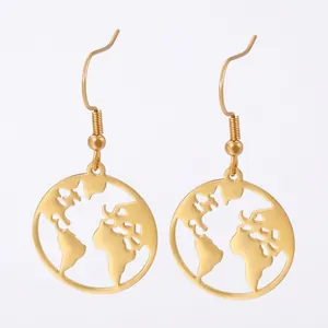 World Map Round Hollow Ear Hook Earrings 316L Stainless Steel Hypoallergenic Travel Souvenir Fashion Jewelry For Women