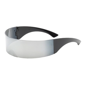 Silver futuristic cyberpunk wraparound sunglasses with black frame from a 45-degree angle