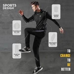 Men's athletic compression set with hooded top and breathable mesh paneling