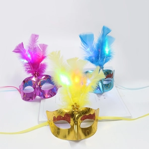 Glow LED feather masks in gold, purple, and blue colors for Halloween party decor
