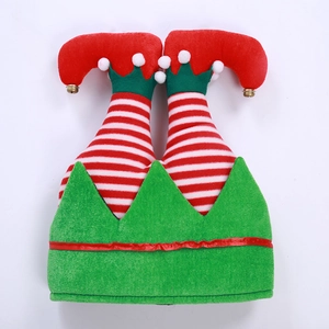 Elf leg Christmas hat with red green stripes and bells for holiday party decoration
