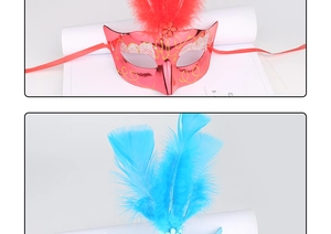 Detail view of red and blue LED feather masks for Halloween party costumes