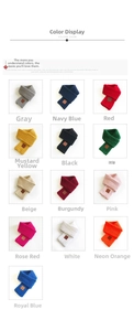 Matrix view of 13 colorful ribbed knit scarves featuring brown leather patch detail