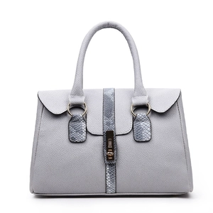 Fashionable grey lychee pattern leather handbag with snake print trim and metal lock