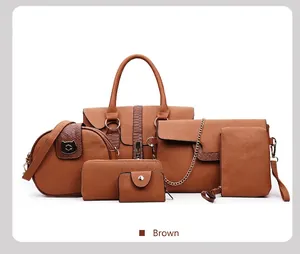 Detailed six-piece brown tote bag set with textured leather and gold hardware