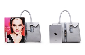 Größenvergleich einer grauen Handtasche mit Schlangenmuster neben Tablet und Magazin