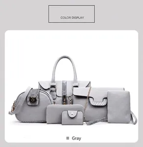 Graues 6-teiliges Handtaschen-Set mit Lychee-Lederstruktur und Schlangenmuster