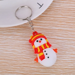Close-up of a festive snowman keychain with a smiley face and colorful scarf accessory