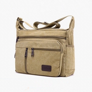Men's khaki canvas shoulder messenger bag with multiple zipper pockets and large capacity