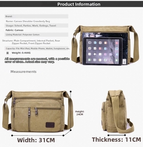 Detailed size chart of khaki canvas messenger bag showing 31x24x11cm dimensions