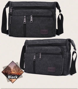 Detail of durable black canvas messenger bag showing multiple zipper compartments and logo