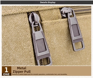 Close-up of durable dark grey trapezoid metal zippers on khaki canvas shoulder bag
