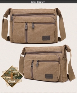 Close-up of khaki canvas shoulder bag showing zipper pockets and wide adjustable strap