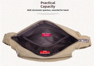Internal view of khaki canvas messenger bag showing large main pocket and zipper side pocket