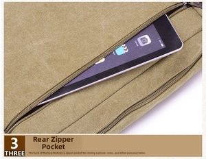 Detailed view of the rear zipper pocket on a khaki canvas messenger bag for men
