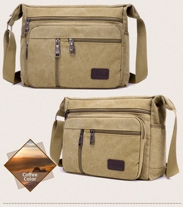 Detail view of coffee canvas messenger bag showing multiple front pockets and zippers