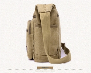 Side view showing multi-layer zipper storage and durable khaki canvas material of the bag