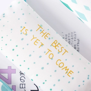 Cute canvas pencil case with blue polka dots and gold quote The Best Is Yet To Come