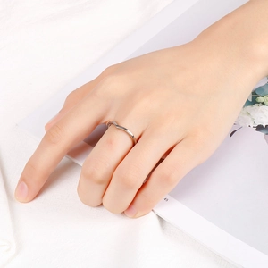 Minimalist V-shaped silver stainless steel ring shown on a hand with a white background