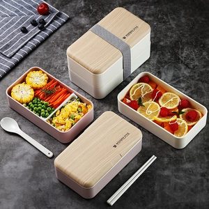 Japanese Style Double Layer Bento Box Wood Grain Lid Microwave Safe Compartmentalized Lunch Box Spoon Chopsticks Fork