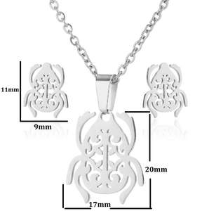 Three-piece stainless steel jewelry set featuring hollow beetle necklace and stud earrings