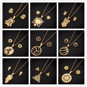 Stainless Steel Necklace And Earrings Hollow Geometric Animal Sports Volleyball Basketball Fox Dog Pattern Fashion