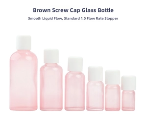 Brown glass bottles set in various sizes with white screw caps and flow reducers