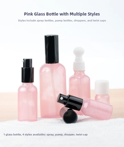 Detail view of pink glass cosmetic bottles with spray, pump, dropper, and screw cap options