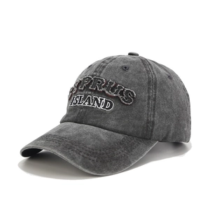 Close-up of vintage washed cotton baseball cap with Cyprus Island embroidery detail