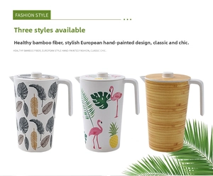 Bamboo fiber pitchers with eco-friendly hand-painted leaf and flamingo patterns