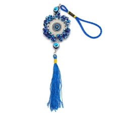 Blue Evil Eye pendant with crystal beads and long tassel on a braided rope cord