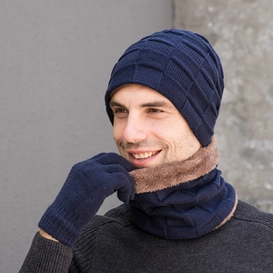 Ensemble d'hiver 3 pièces pour homme avec bonnet, écharpe et gants en tricot bleu marine