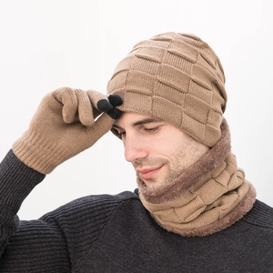 Bonnet Tricoté d'Hiver pour Hommes Tour de Cou Et Gants Tactiles Doublés de Polaire Chaud Acrylique Motif Grille Accessoires