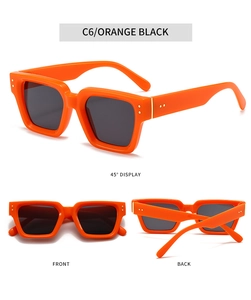 Three-angle view of vintage thick square orange sunglasses with metal stud details