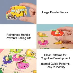 Educational wooden peg puzzle for toddlers featuring fruits and bus with secure handles