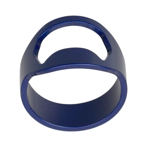 Detail of blue stainless steel bottle opener ring featuring a unique functional notch design