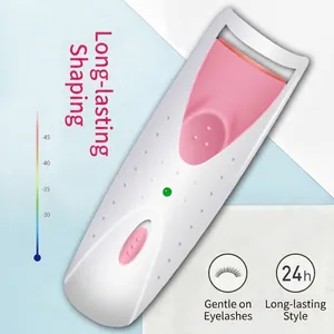 Pink electric heated eyelash curler with curved comb and temperature display