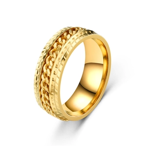 Golden stainless steel spinner ring with mechanical chain texture and gear edges