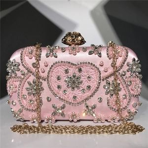 Elegant Evening Clutch Bag Satin Beaded Faux Artificial Pearl Rhinestone Heart Flower Clasp Wedding Party Handbag For Women