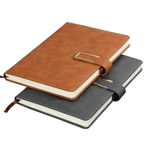 Business A5 notebook set in light brown and dark grey with metal buckle and leather texture